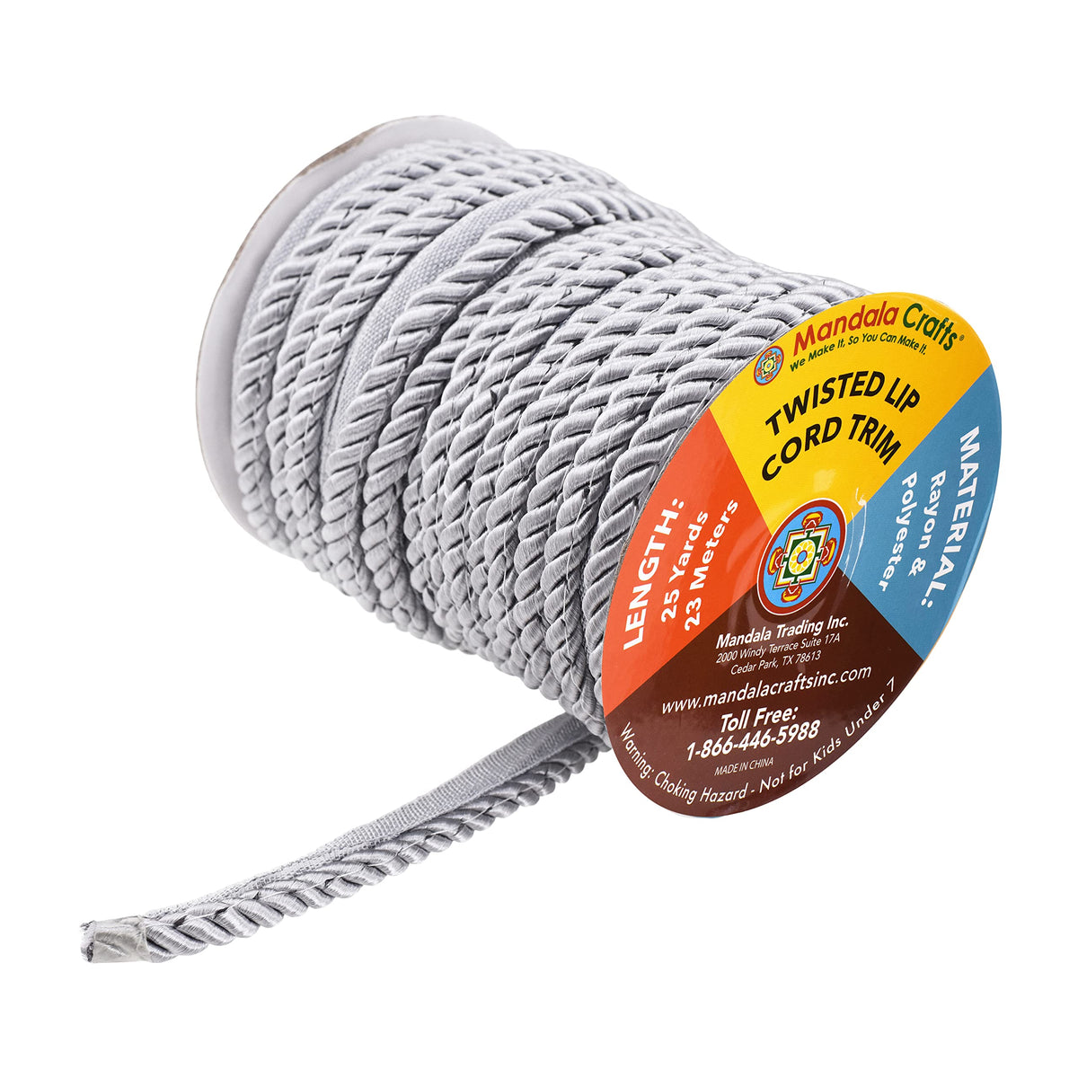 Silver Twisted Lip Cord Trim 25-Yard Roll - Decorative Sewing Trim, Upholstery Piping & Cording for Cushions