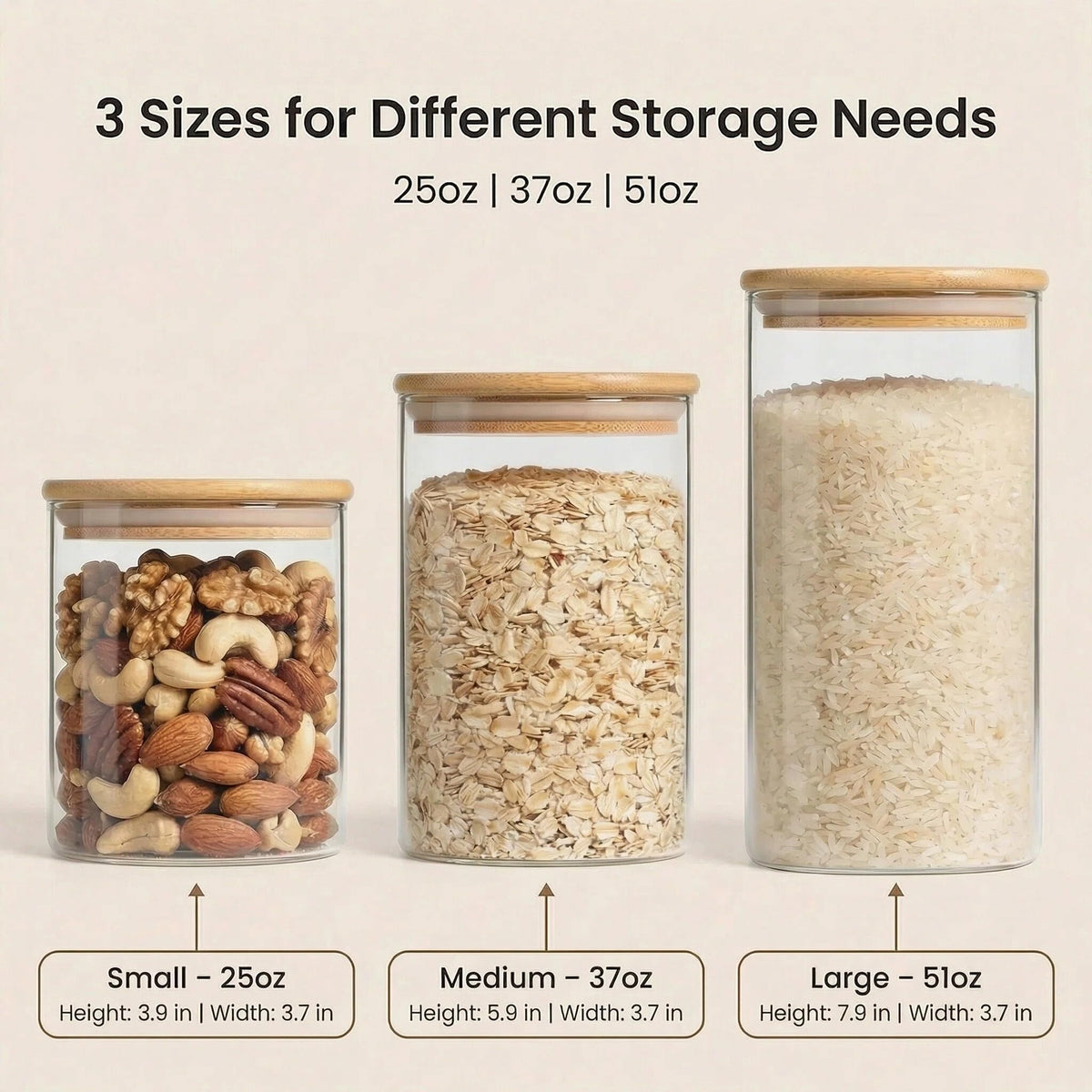Airtight Glass Storage Containers with Lids Set of 6, 25 /37 /50oz Square Glass Jars with Bamboo Lids, Kitchen