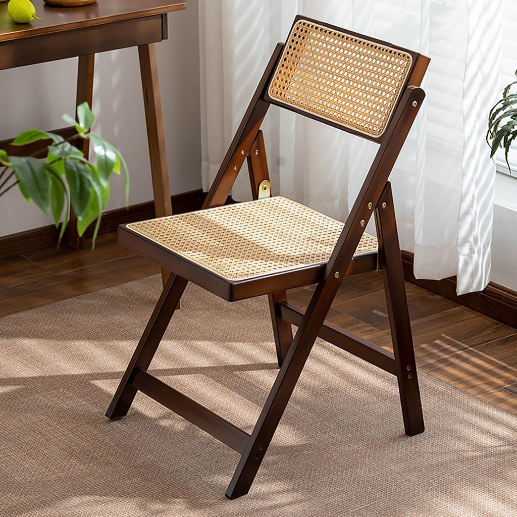 Wooden Rattan Folding Chairs Portable Save Space Kitchen Dining Chair for Balcony Living Room, with Mesh Elastic Seat