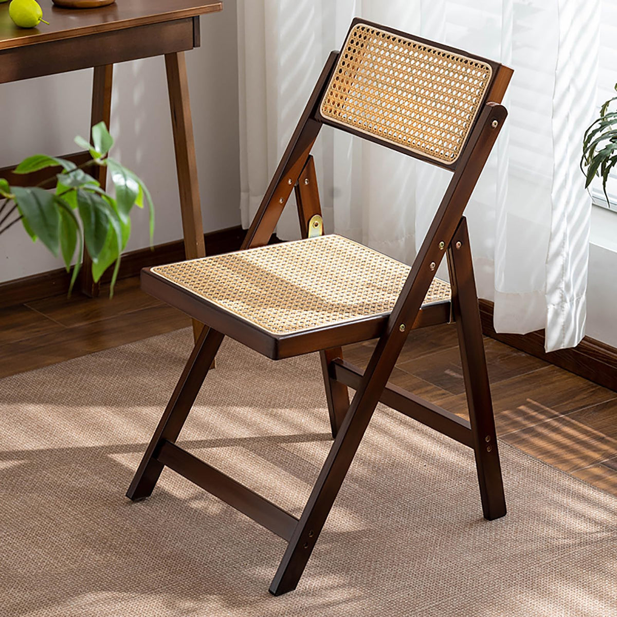 Wooden Rattan Folding Chairs Portable Save Space Kitchen Dining Chair for Balcony Living Room, with Mesh Elastic Seat
