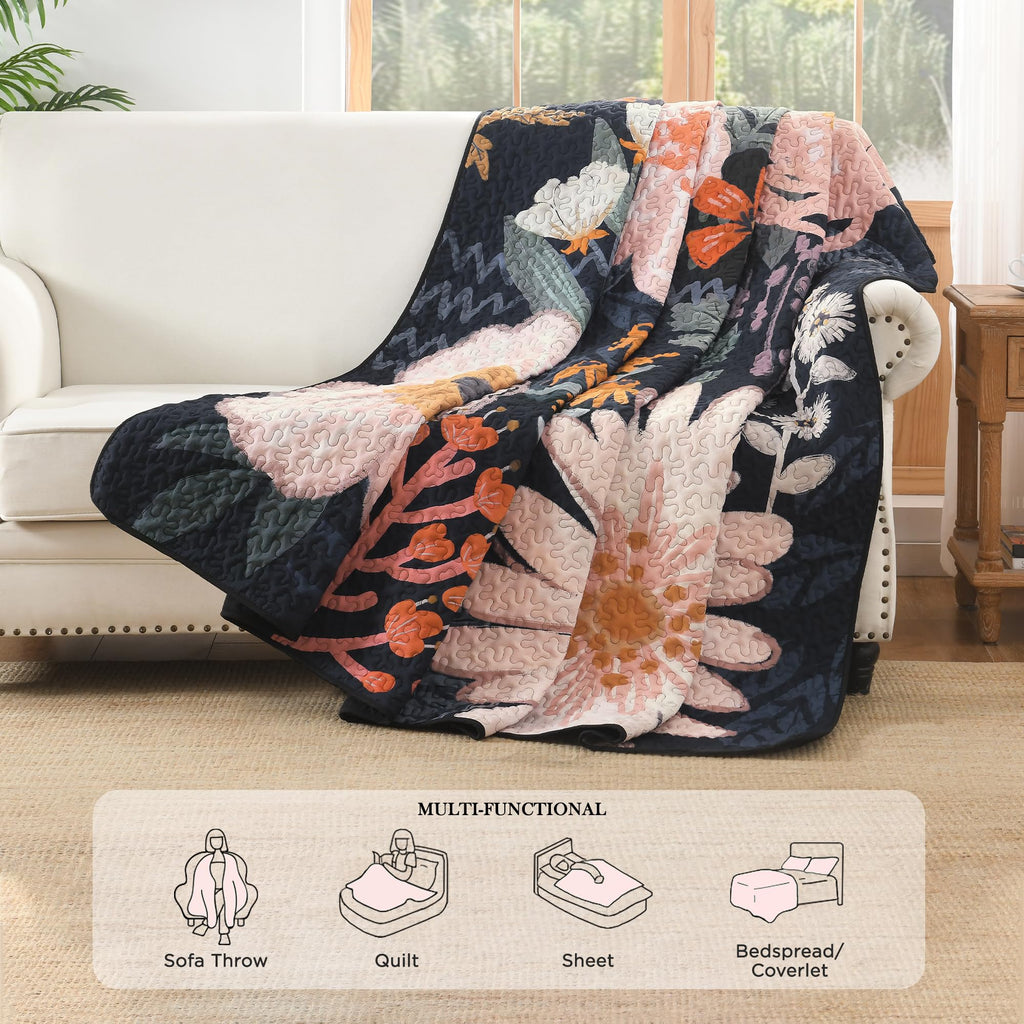 Quilt, Navy Floral Boho Summer Bedspread 3 Pieces