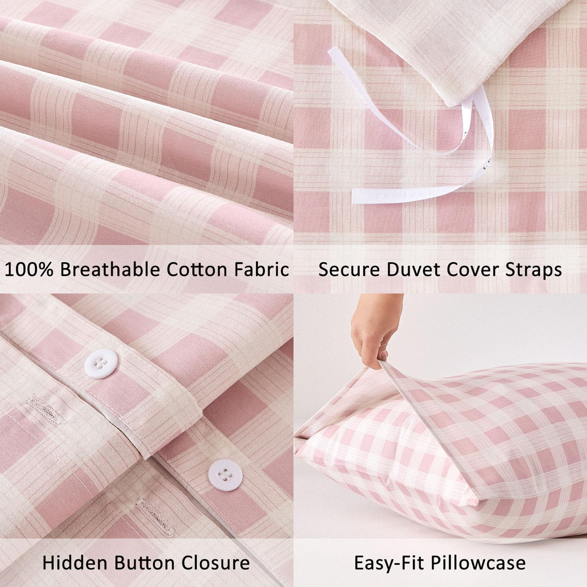 Cottage Gingham 100% Cotton Duvet Cover 3PC - Sweet Blush Pink & Soft White Mini Check Pattern, Modern