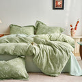 100% Washed Cotton Cover Set, Reversible Vintage Green Floral Butterfly Jacquard Textured Comforter Cover, Boho