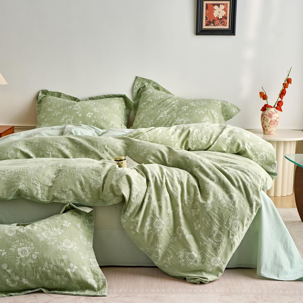 100% Washed Cotton Cover Set, Reversible Vintage Green Floral Butterfly Jacquard Textured Comforter Cover, Boho