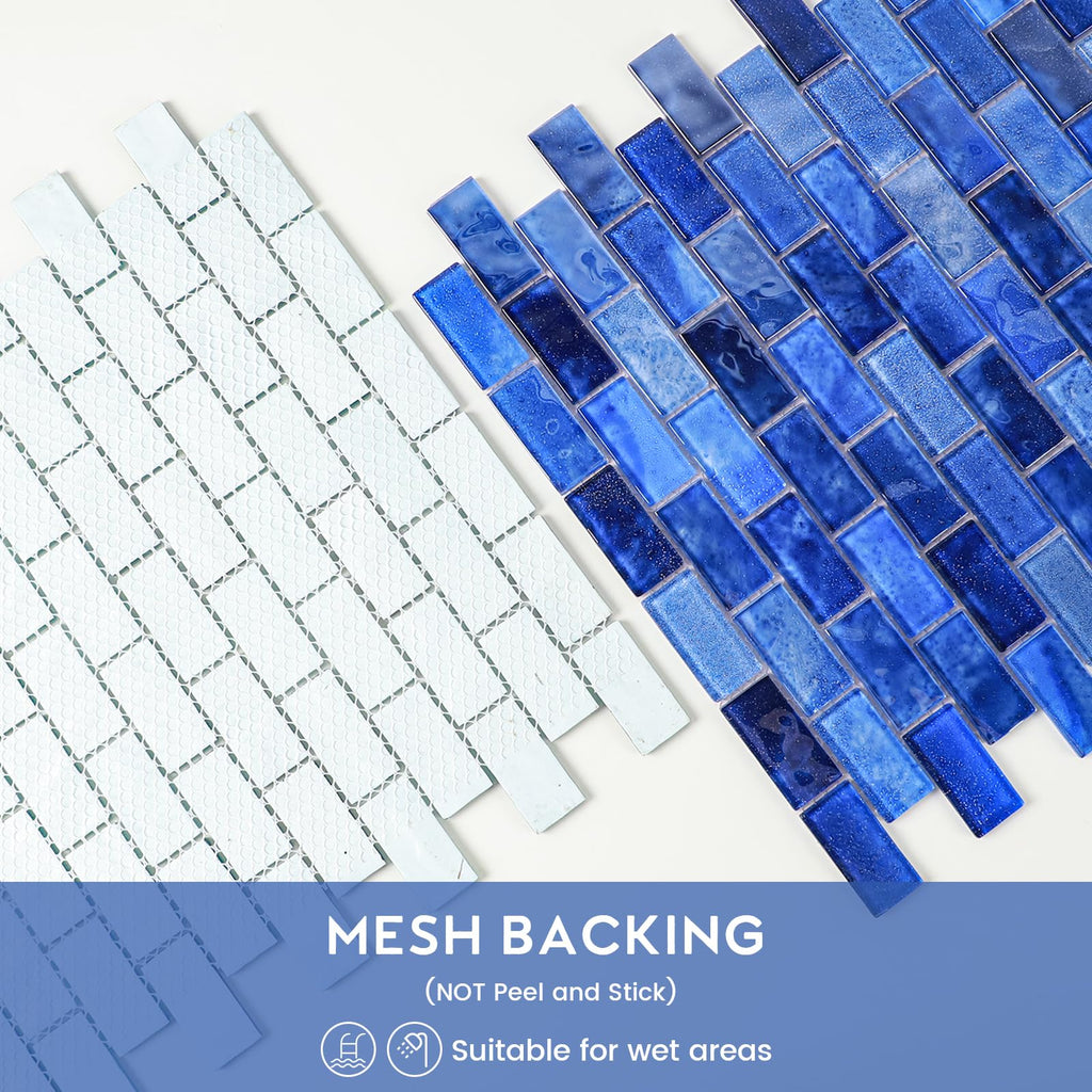 Glass Backsplash Linear Mosaic Wall Tiles, 5-Sheet Glass Tiles Bathroom Swimming Pool Shower Tiles (Dark Blue, 4.8