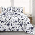 Scandinavian Floral Quilt Queen Size Reversible 3 Piece Set Full/Queen Navy & White - Floral Bedding Set Queen Quilt