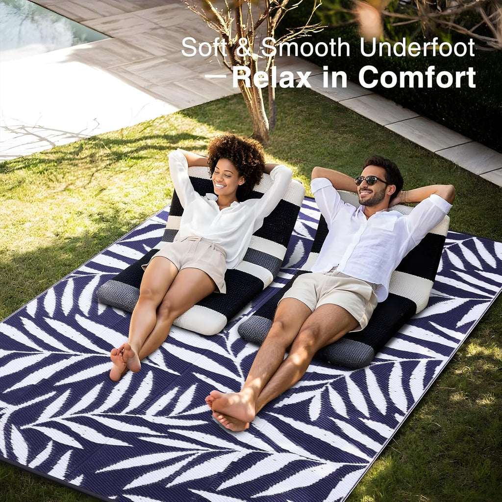 Outdoor Rug Waterproof Reversible Leaf Mat, Navy & White