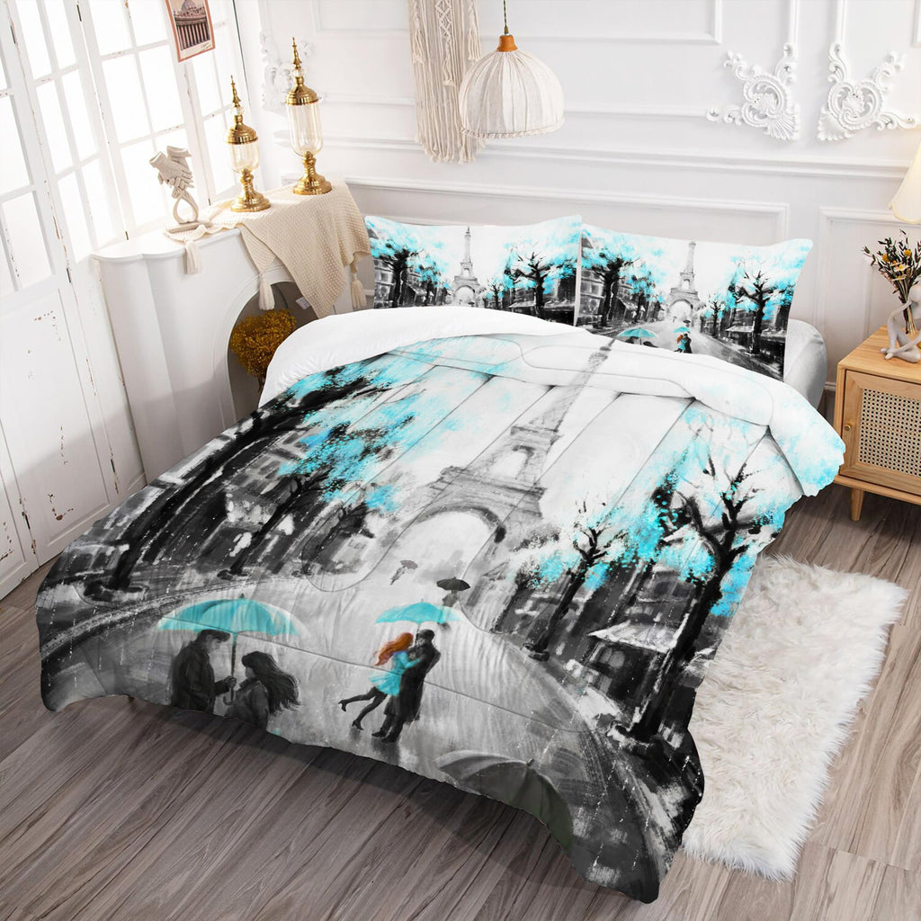 Paris Comforter Set Queen: Teal Paris Bedroom Decor Grey Eiffel Tower Bedding Sets French Style Romantic Quilt Bed