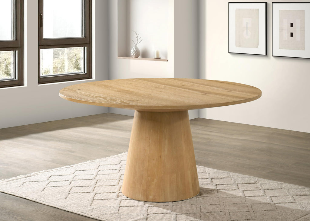 Terra 59" Transitional Round Dining Table with Pedestal Base, Natural Oak