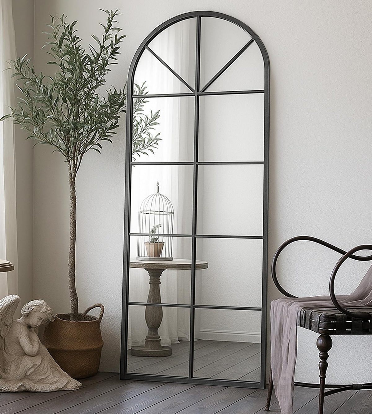 Floor Full Length Mirror, Arch Top Window Pane Mirror, 56"x22" Black