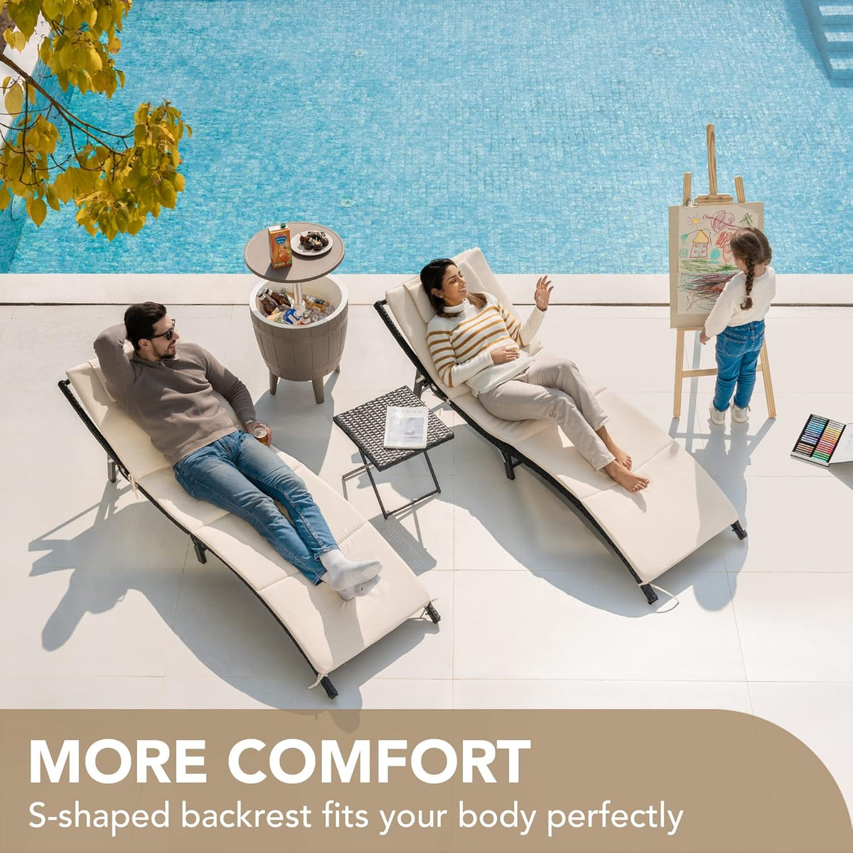 Patio Chaise Lounge Sets Outdoor Rattan Adjustable Back 3 Pieces Cushioned Patio Folding Chaise Lounge with Folding