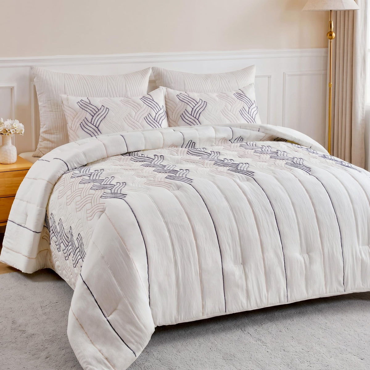 Boho Tufted King Size Comforter Set, Shabby Chic, Ivory White