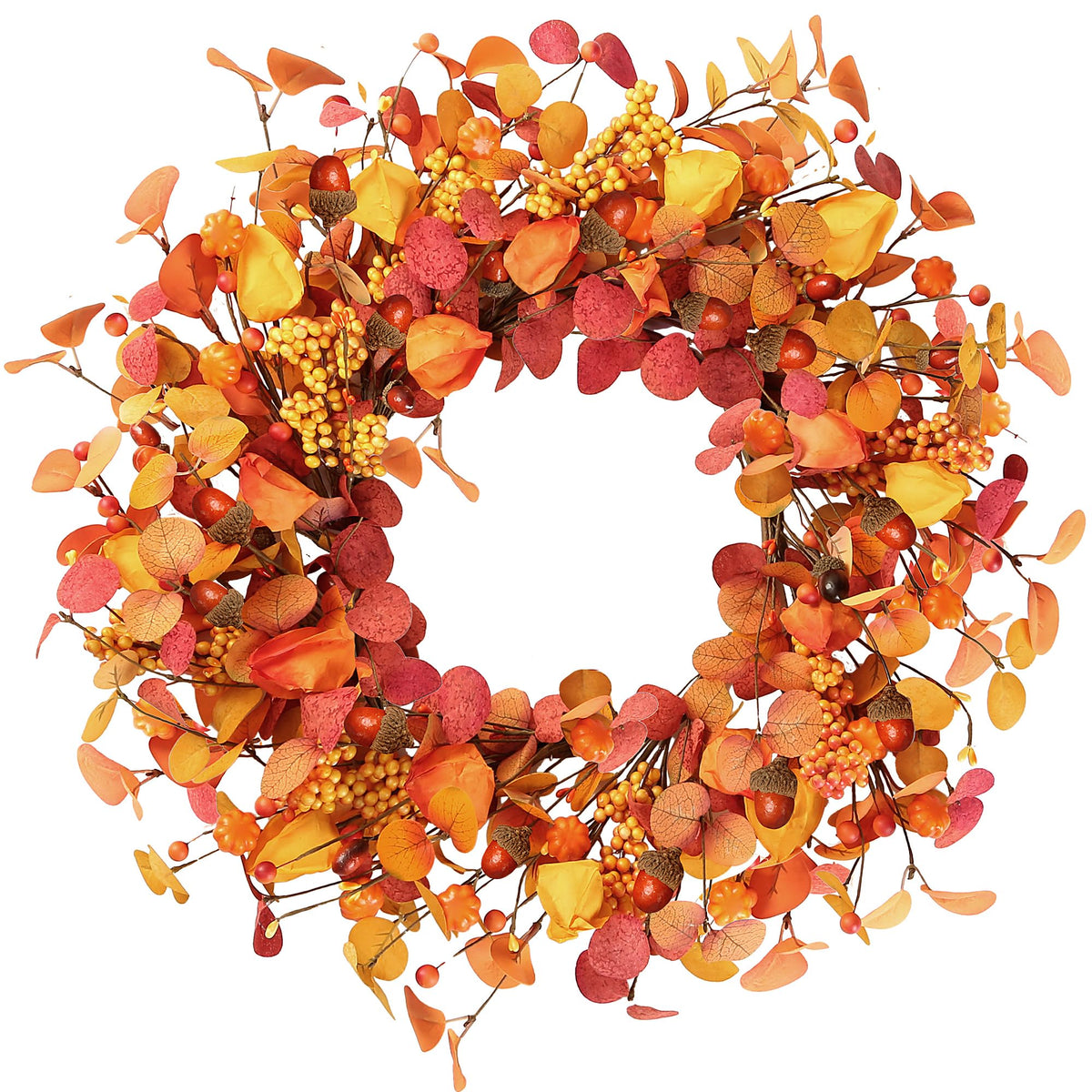 Artificial Fall Wreath 20'' Autumn Front Door Wreath with Eucalyptus Leaves Berries Small Pumpkins Lantern Fruit for