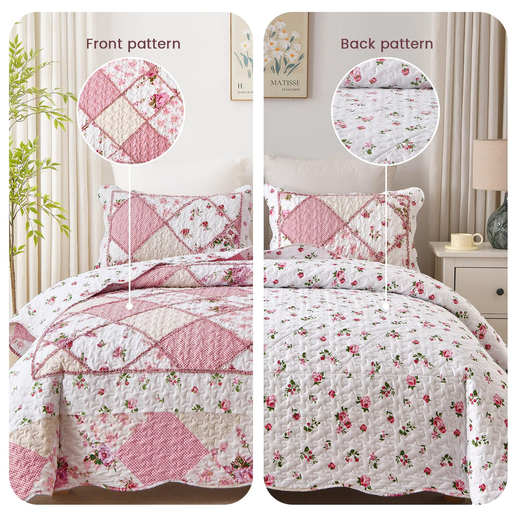 Pink Quilt Bedding Set, Floral Patchwork Reversible Quilts