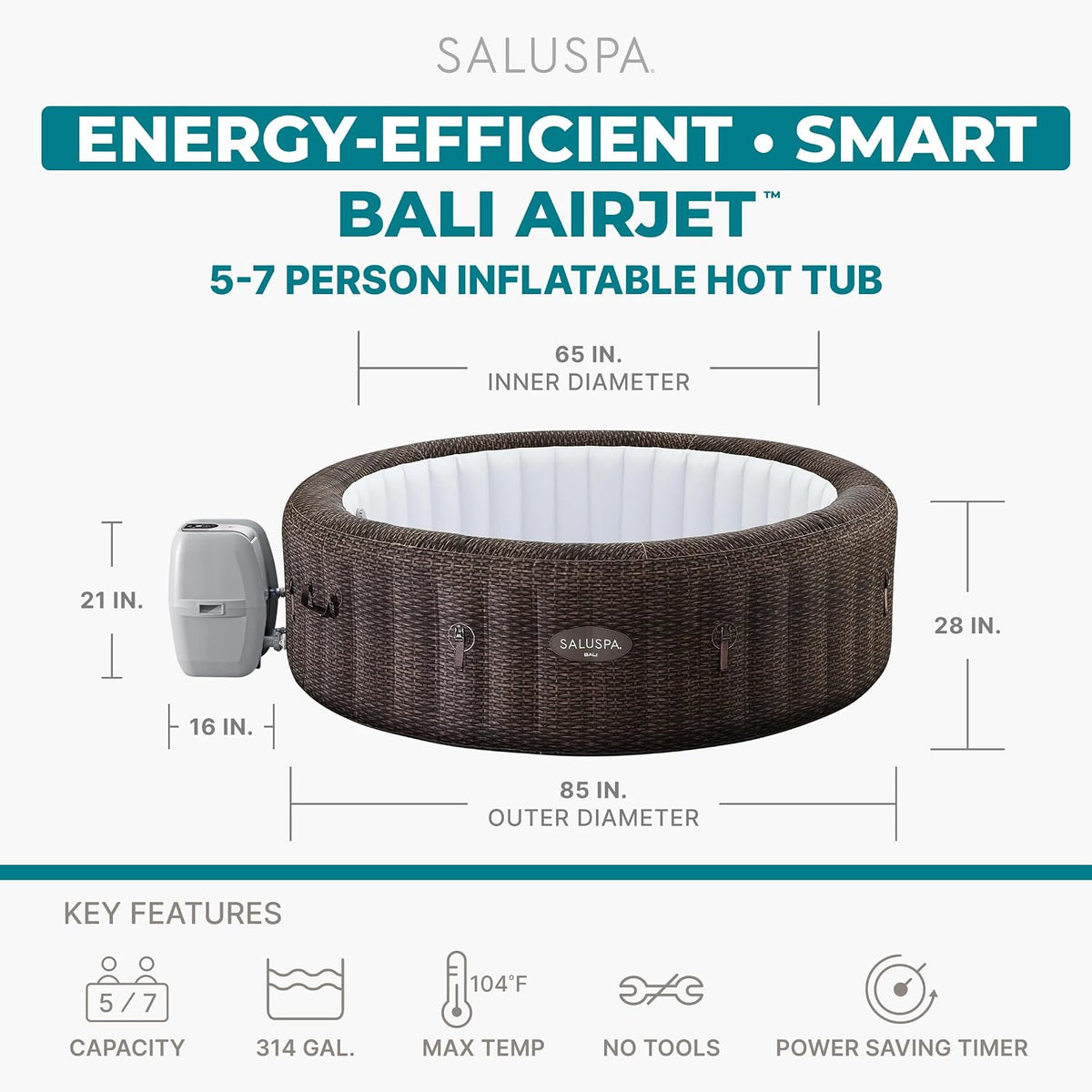 SaluSpa Bali 5 to 7 Person Inflatable Hot Tub, Round Energy-Efficient Portable Outdoor Spa with 180 AirJets, 85" x 28"