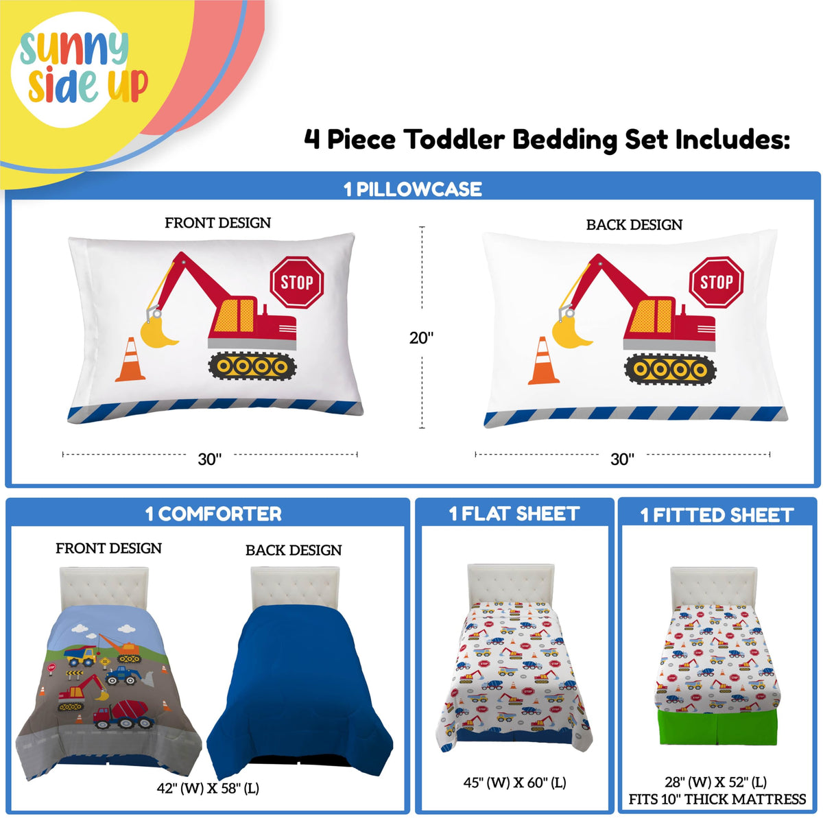 Construction Zone Toddler Comforter Set - 4 Piece Preschool Bedding Includes Comforter, Sheets & Pillow Cover - Super
