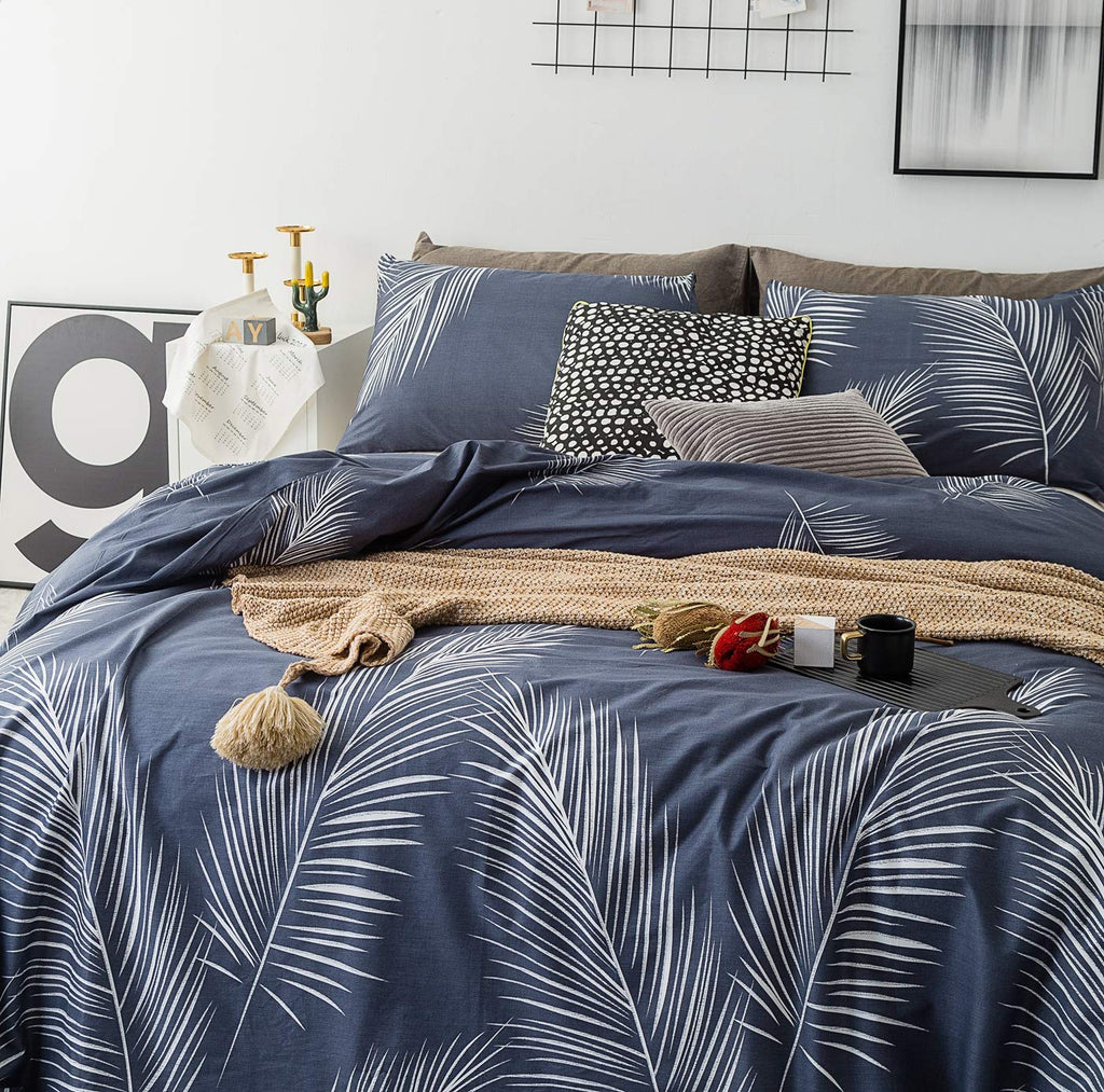 Navy Blue Botanical Duvet Cover 100% Cotton 3 Pcs Set