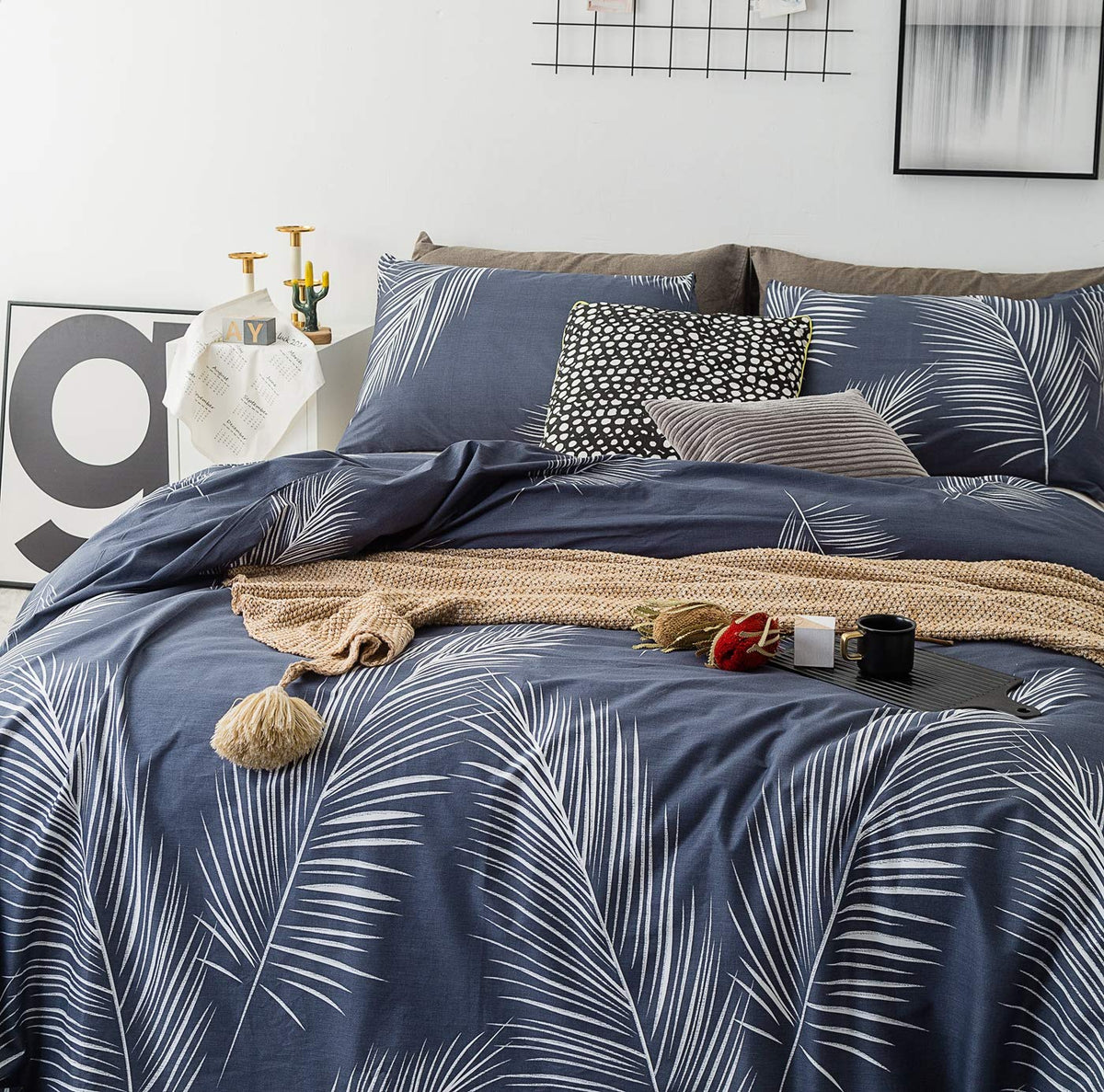 Navy Blue Botanical Duvet Cover 100% Cotton 3 Pcs Set
