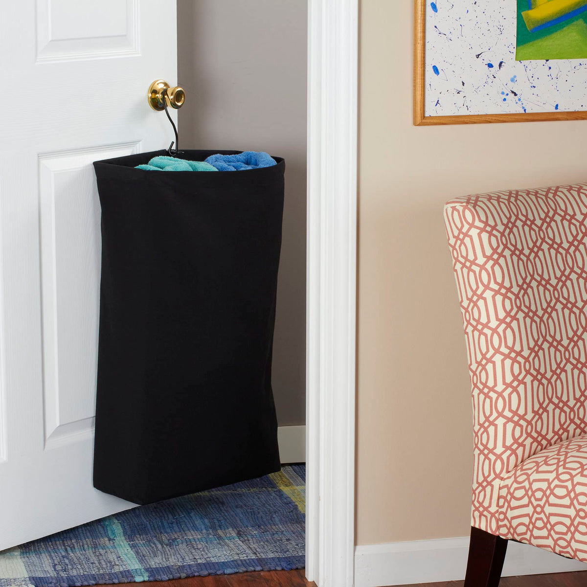 Door Hanging Laundry Bag in Washable Canvas with Loop Handle, Black