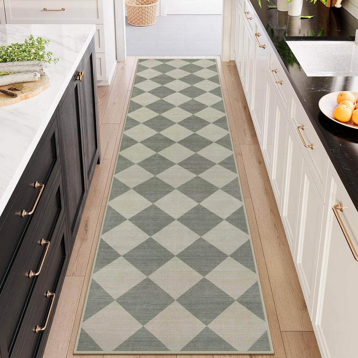 Checkered Print Rug Runners for Hallways, Green Kitchen Runner Rugs Non Skid Washable Ultra Thin Faux Wool