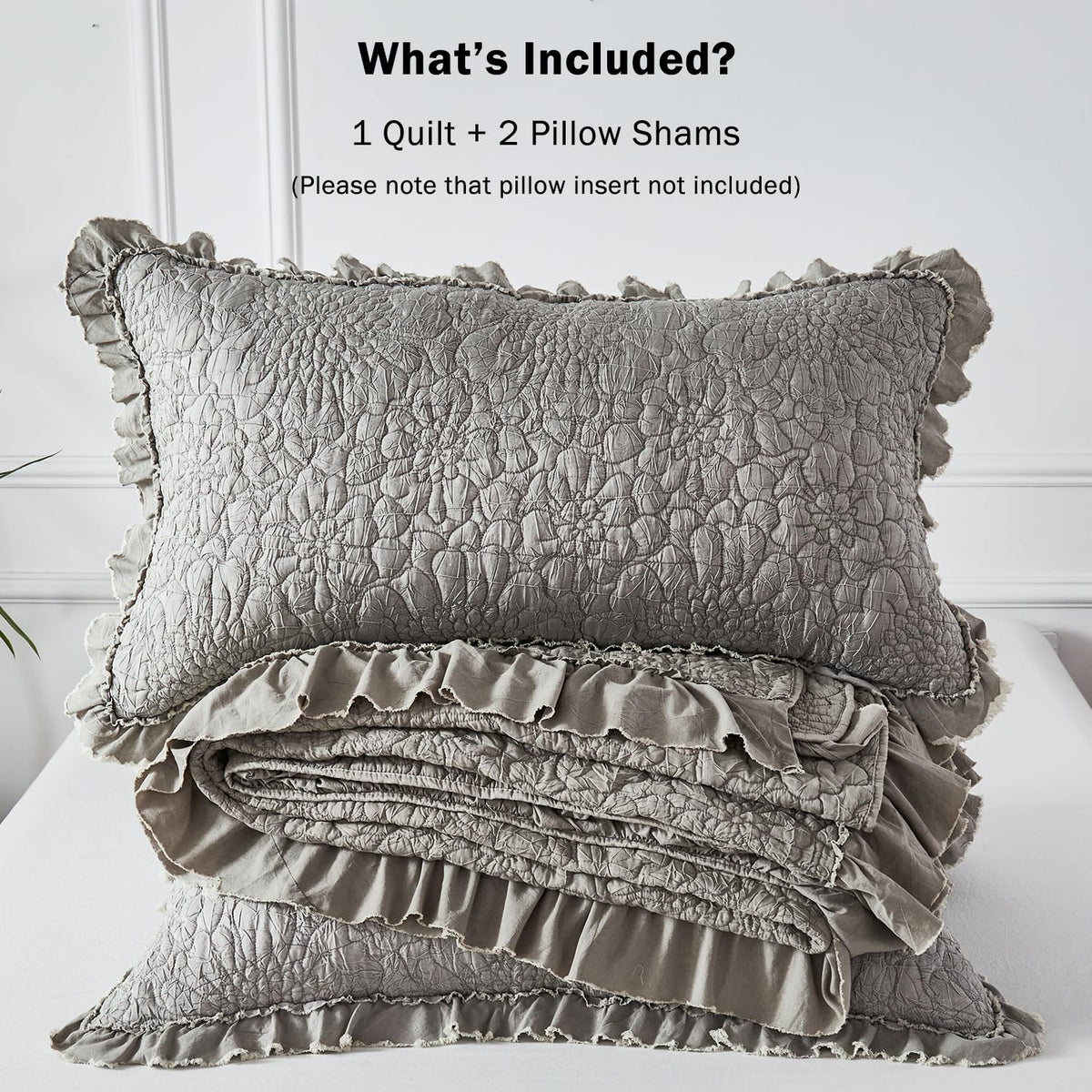 Tan Taupe Crinkled Ruffled Quilt Set 3pcs 80''x90''