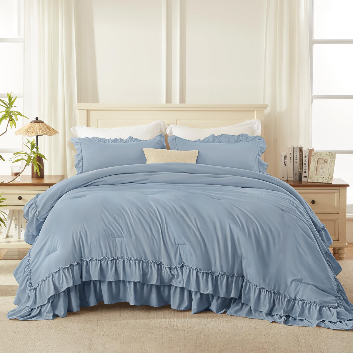 Grayish Blue Ruffle Comforter Set, 3 Pieces Solid Bedding