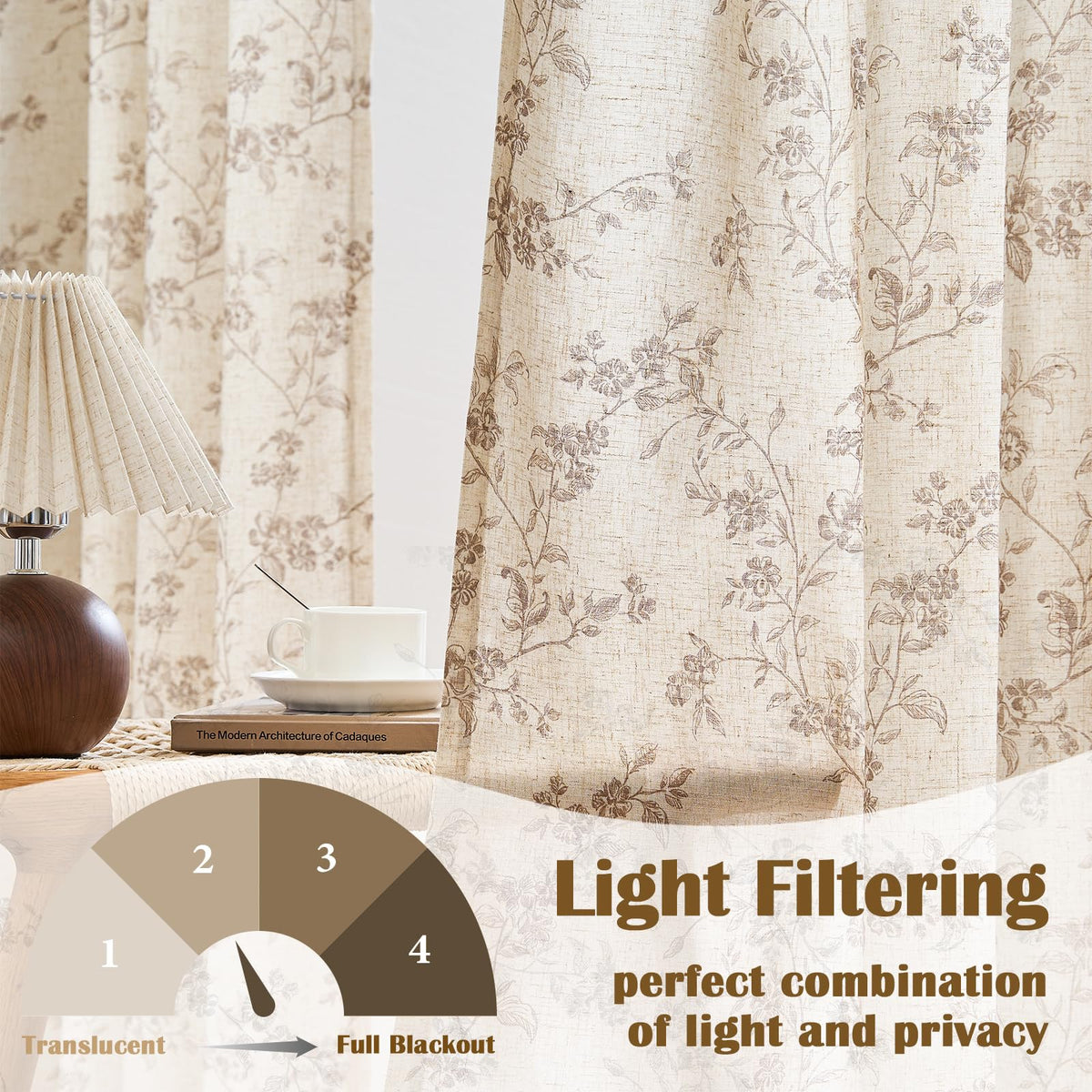 " Farmhouse Polyester blended Curtains Taupe Floral Curtains 96 Inch Length Back Tab Drapes Bedroom Light Filtering
