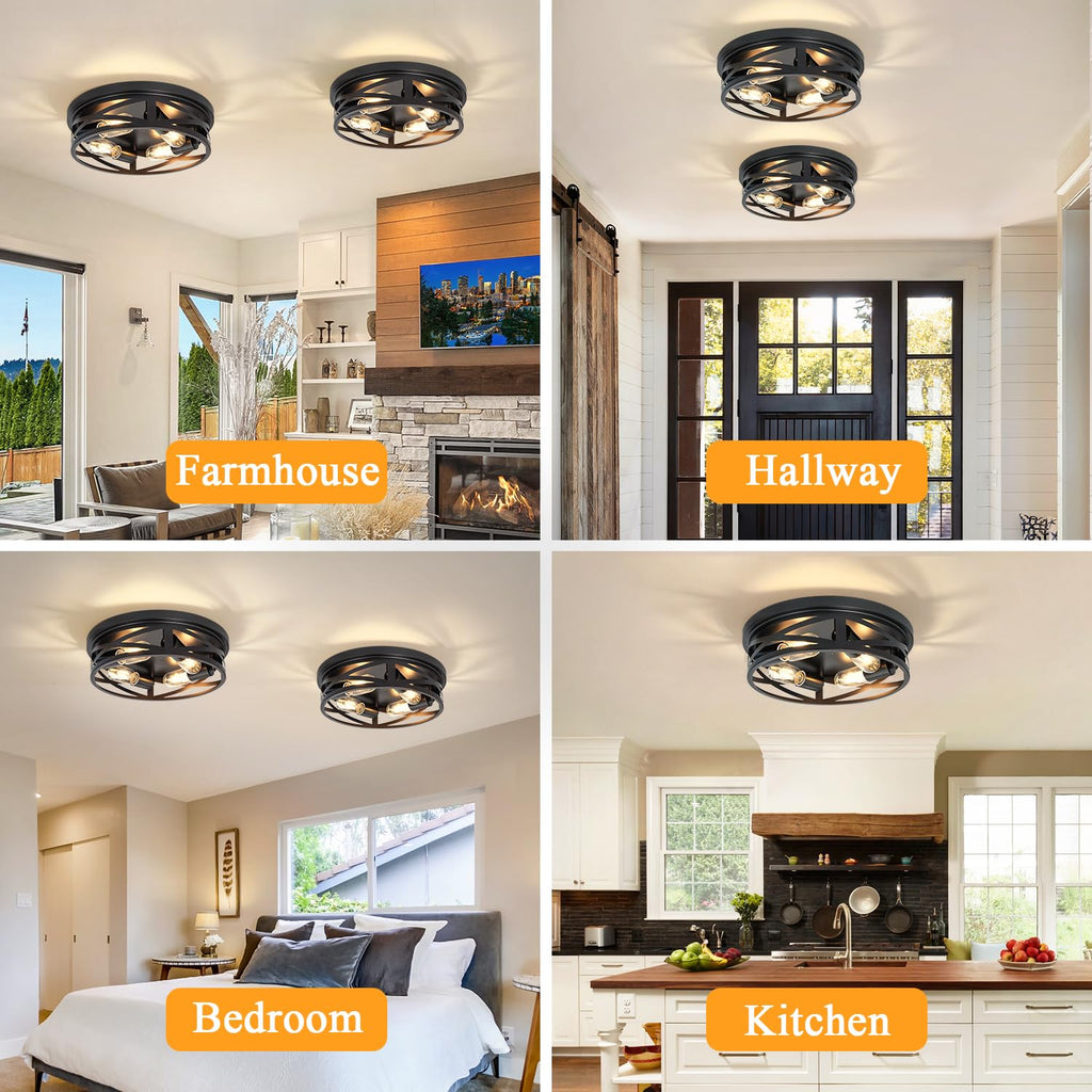 4-Light Flush Mount Ceiling Light Fixture, Farmhouse Ceiling Lights, Modern Black Close to Ceiling Light Bedroom