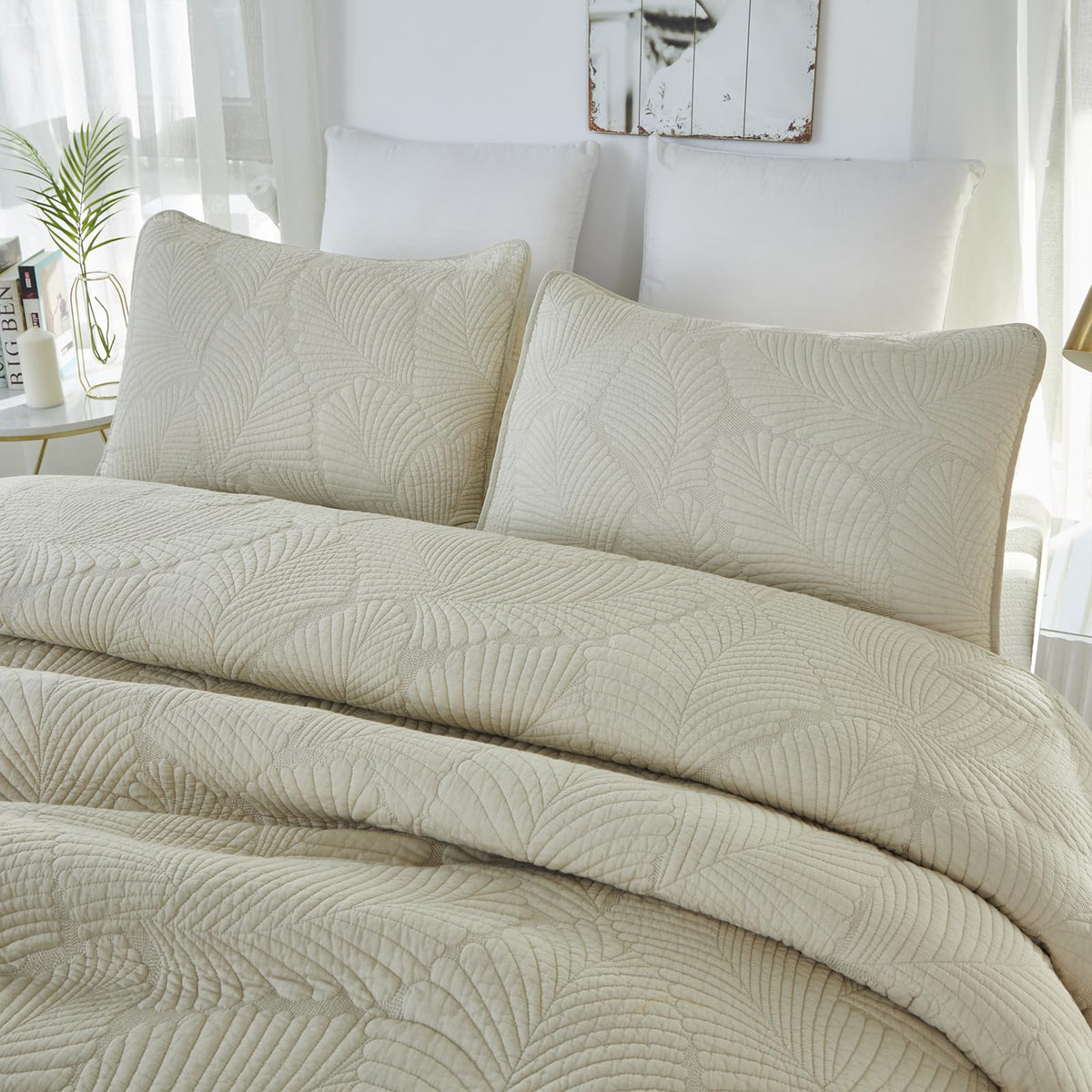 Beige Palm Stitch Quilt Set 100% Cotton Luxury Embroidered Palm Leaf Bedding Premium Summer Tropical Quilt