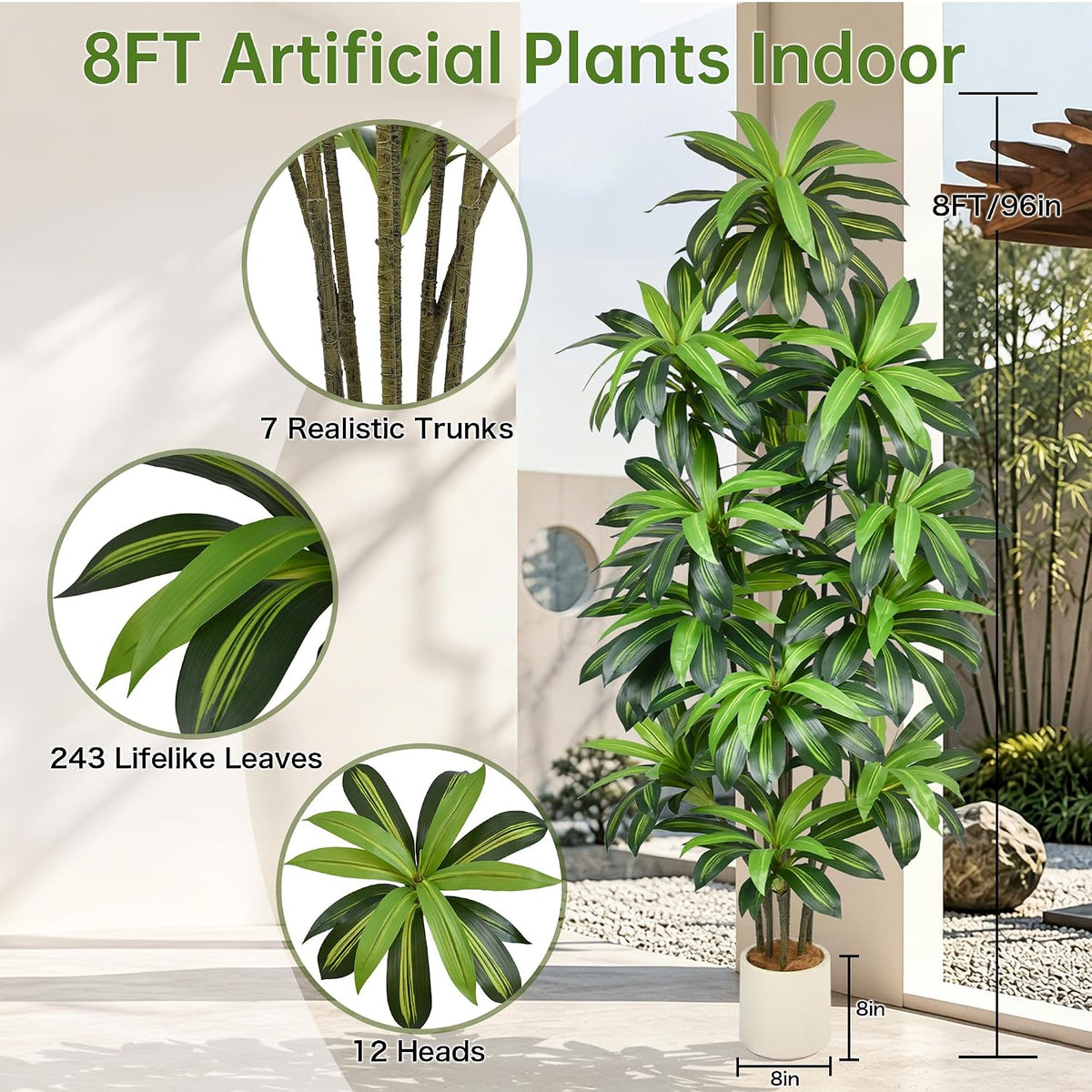 8FT Artificial Dracaena Floor Tree, Large Potted Faux Tropical Plant with Realistic Green Leaves, Tall Indoor