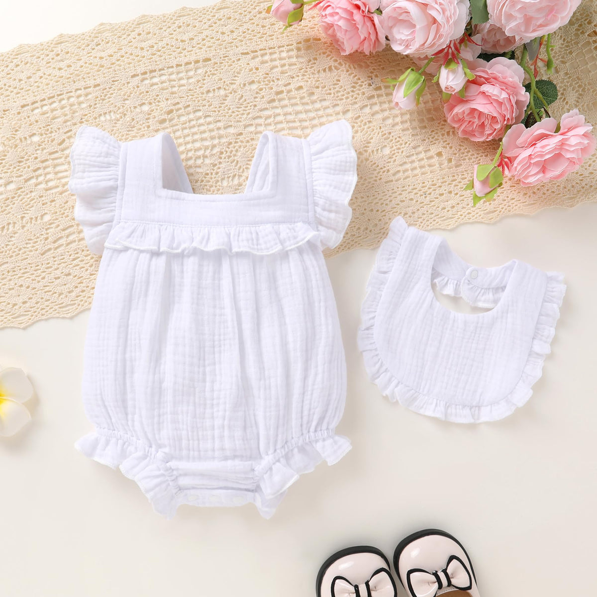 Baby Girl Romper 100% Cotton Ruffle Sleeveless Summer Outfit with Accessory Soft Infant Clothes for Daily Wear