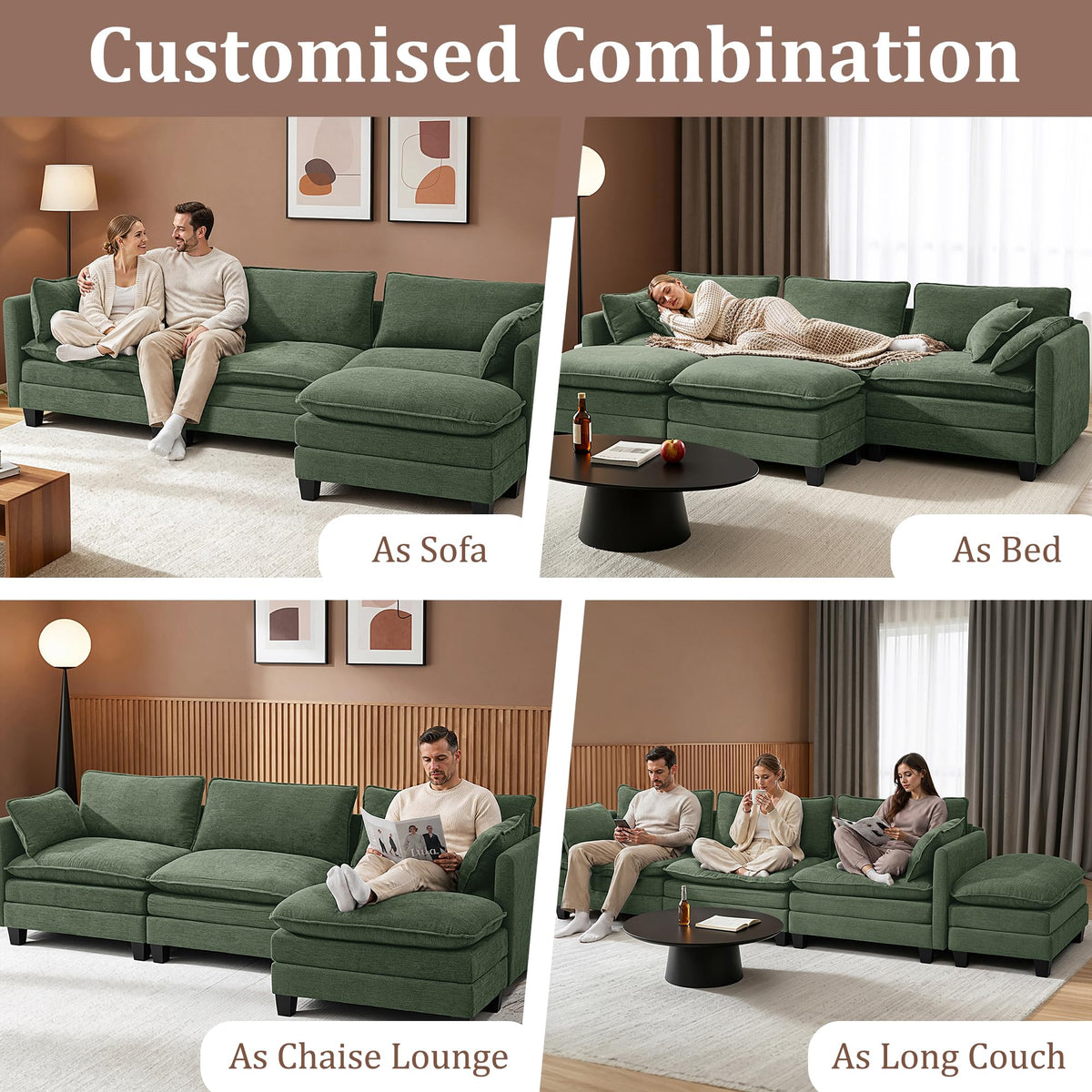 112" Oversized Modular Sectional Sofa with USB Charging Port, Water-Repellent Stain-Resistant Fabric, Deep Seat
