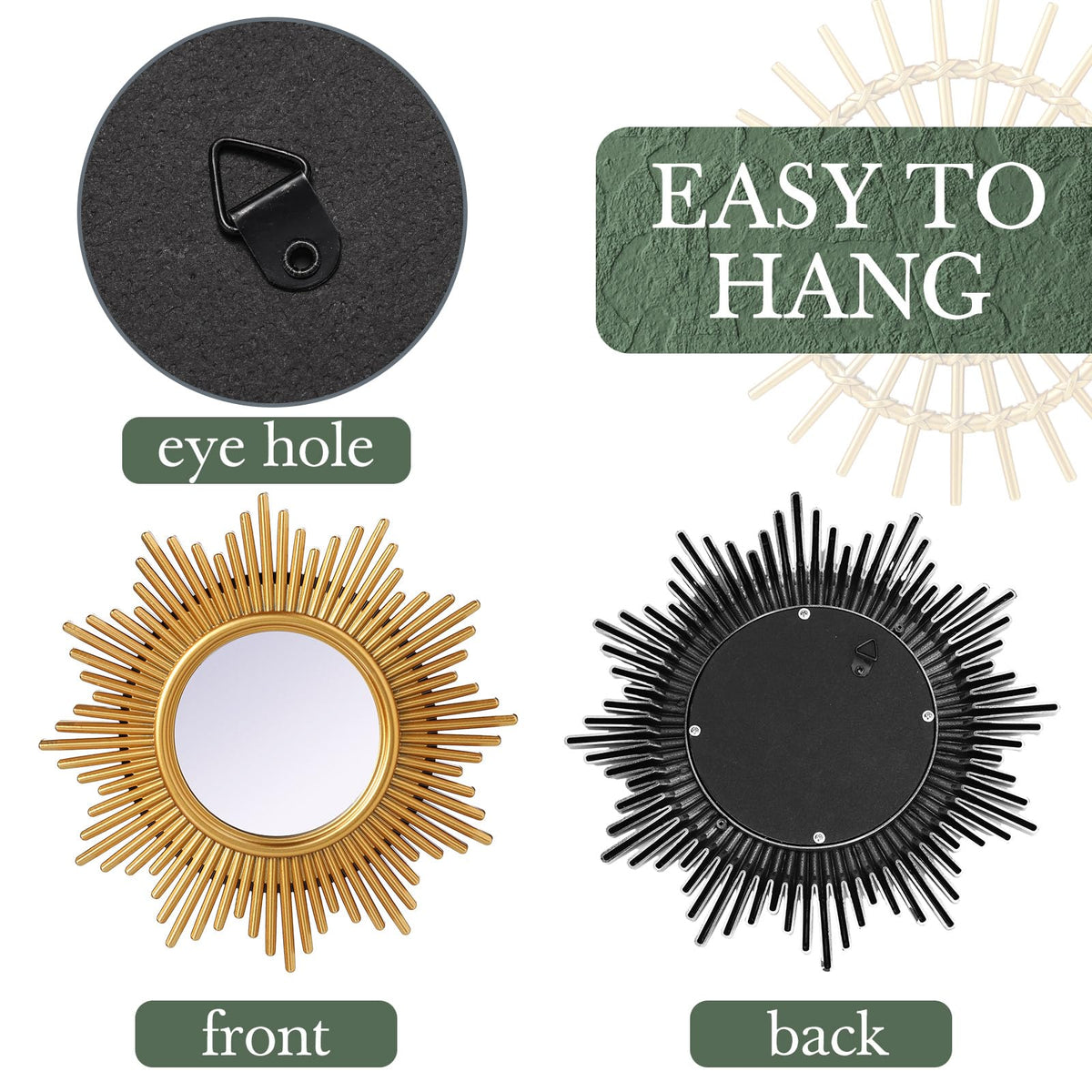 6 Pcs Sunburst Round Mirror for Wall Decor, Elegant, Gold
