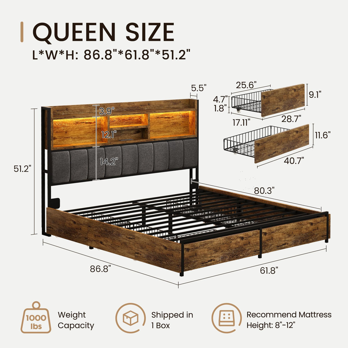 Bed Frame with 6 Storage Drawers, Linen Upholstered Headboard, Built-in USB Charging Station & LED Lighting