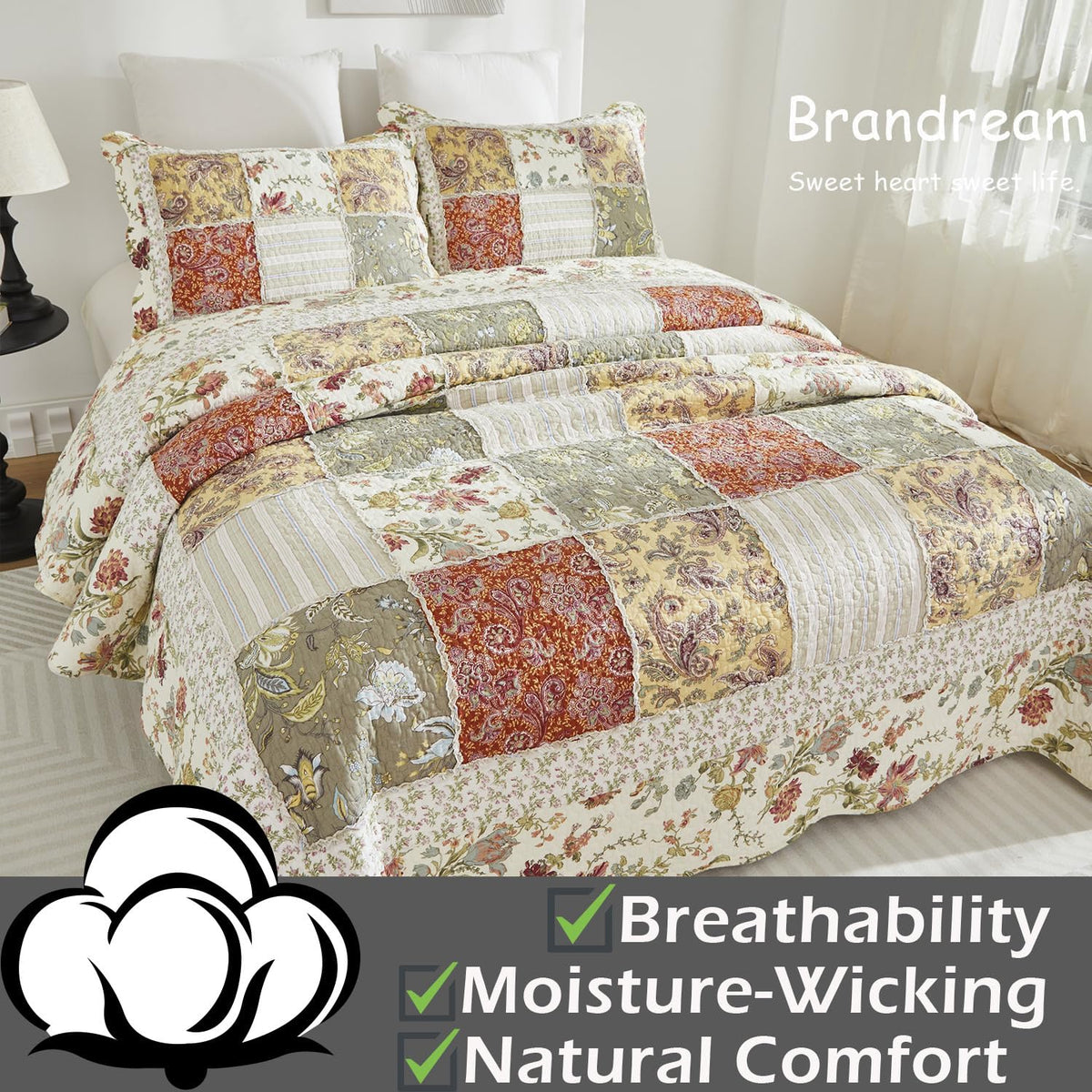 Quilt Set Cotton Farmhouse Patchwork Quilts American Country Quilted Comforter Set 3-Piece