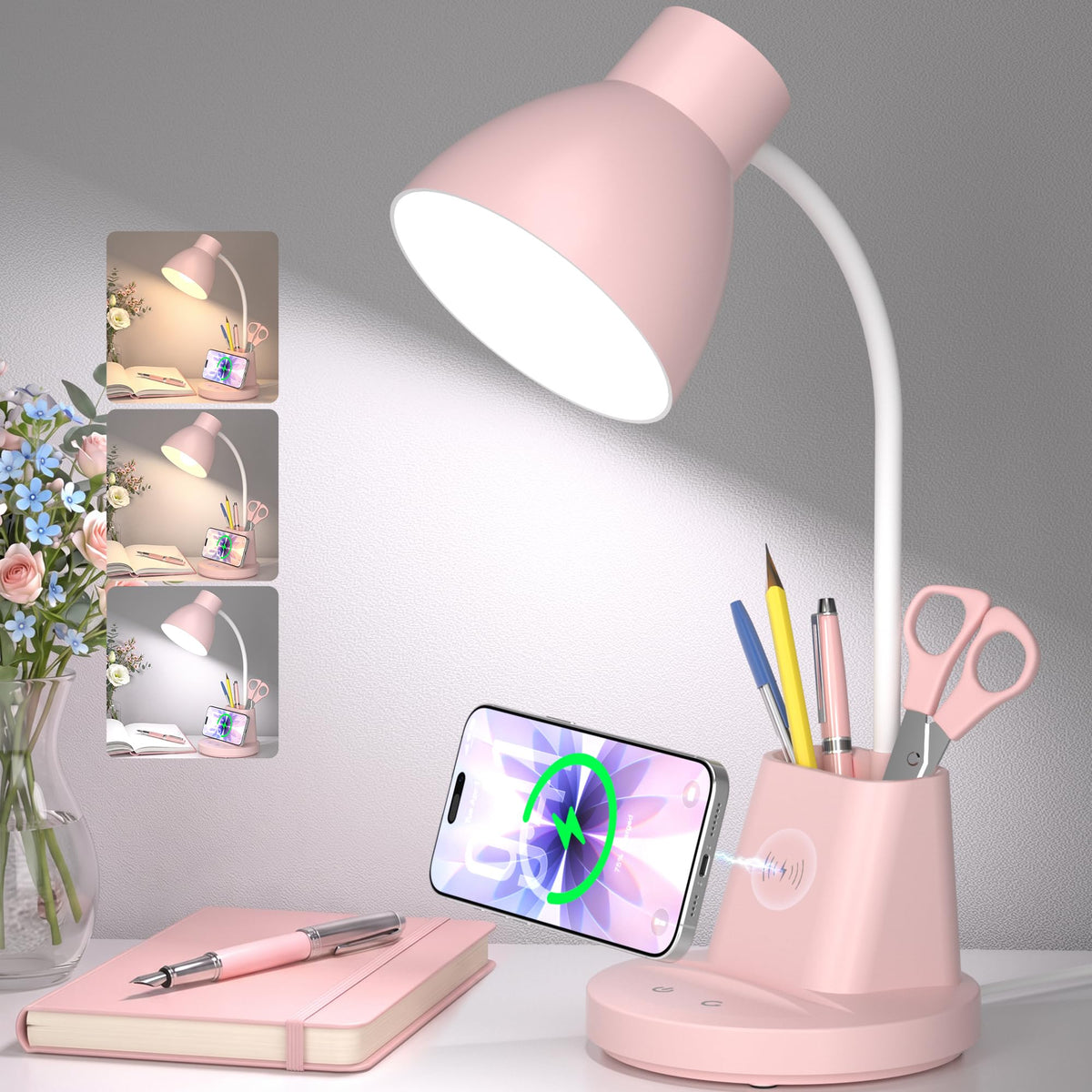 10W Wireless Charging LED Desk Lamp with Pen Holder, CRI 95, Pink