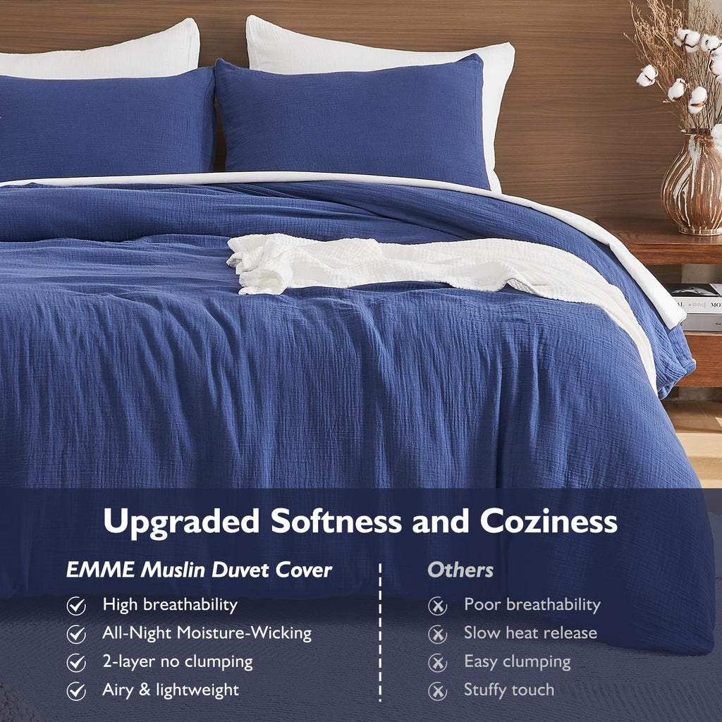 Muslin Cotton Duvet Cover Set Linen Like Navy