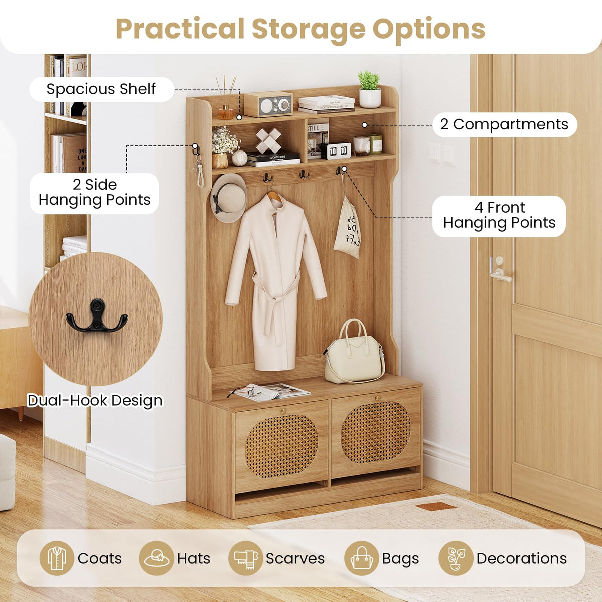 4-In-1 Hall Tree with Bench and Shoe Storage, Entryway Bench with Coat Rack & Flip Shoe Racks, Dual-Hook Hangers & PE