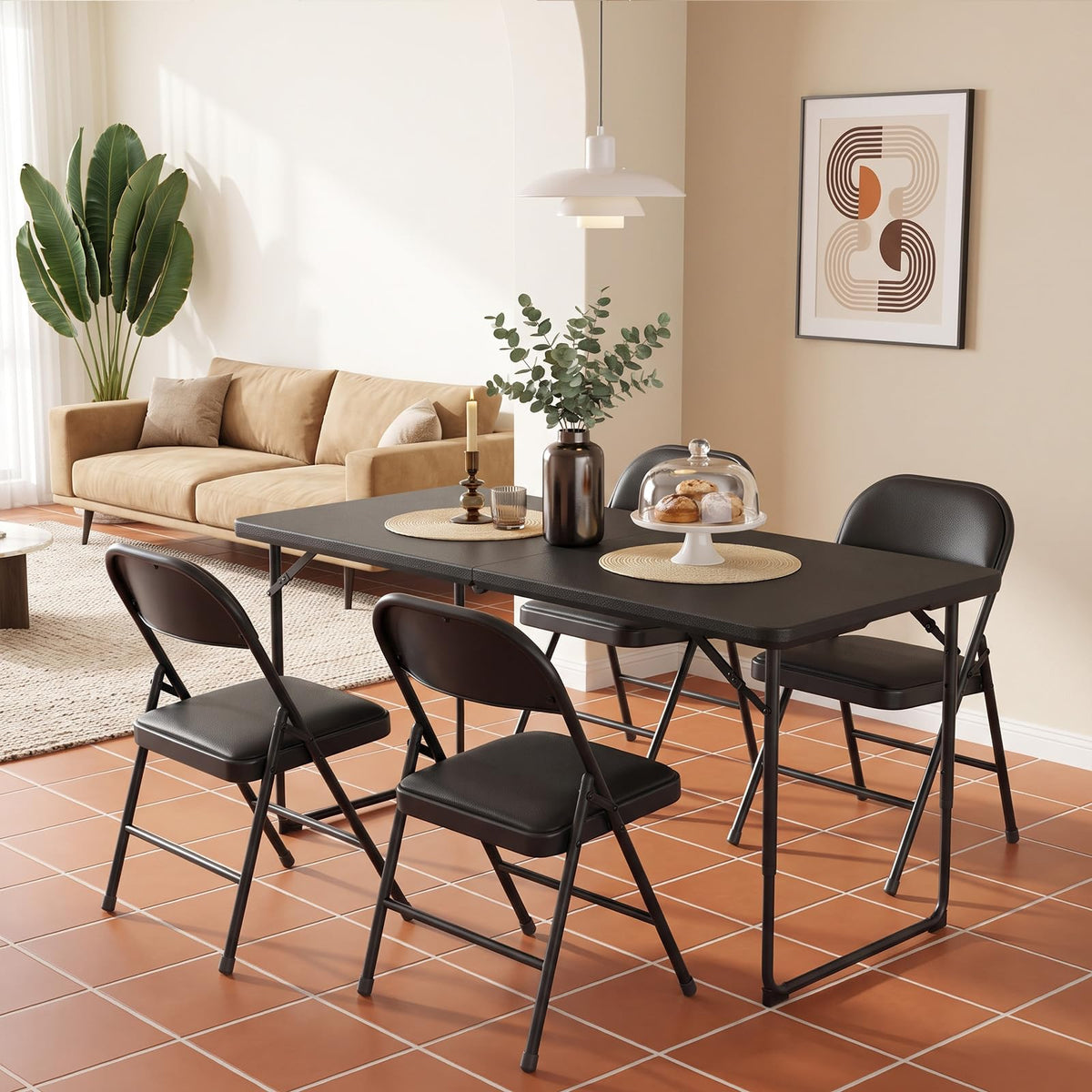 4FT Folding Table 2 Pack, Adjustable Height Heavy Duty Plastic Folding Tables with Carry Handles, Fold-in-Half Portable
