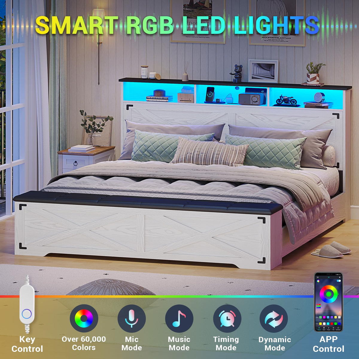 Bed Frame with Storage Ottoman, Farmhouse Bed Frame with Charging Station and Led Light, Headboard with