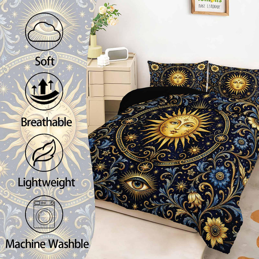 Gold Sun Face 3-Piece Comforter Set Twin, Navy Celestial Baroque Soft Microfiber Bedding with 2 Pillowcases for Teens