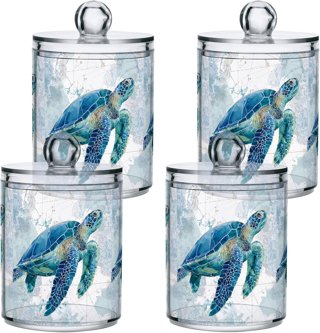 Sea Turtle Pattern Apothecary Jars with Lid, 10 Oz Clear Plastic Apothecary Jar Set Qtip Holder Storage - Set of 2