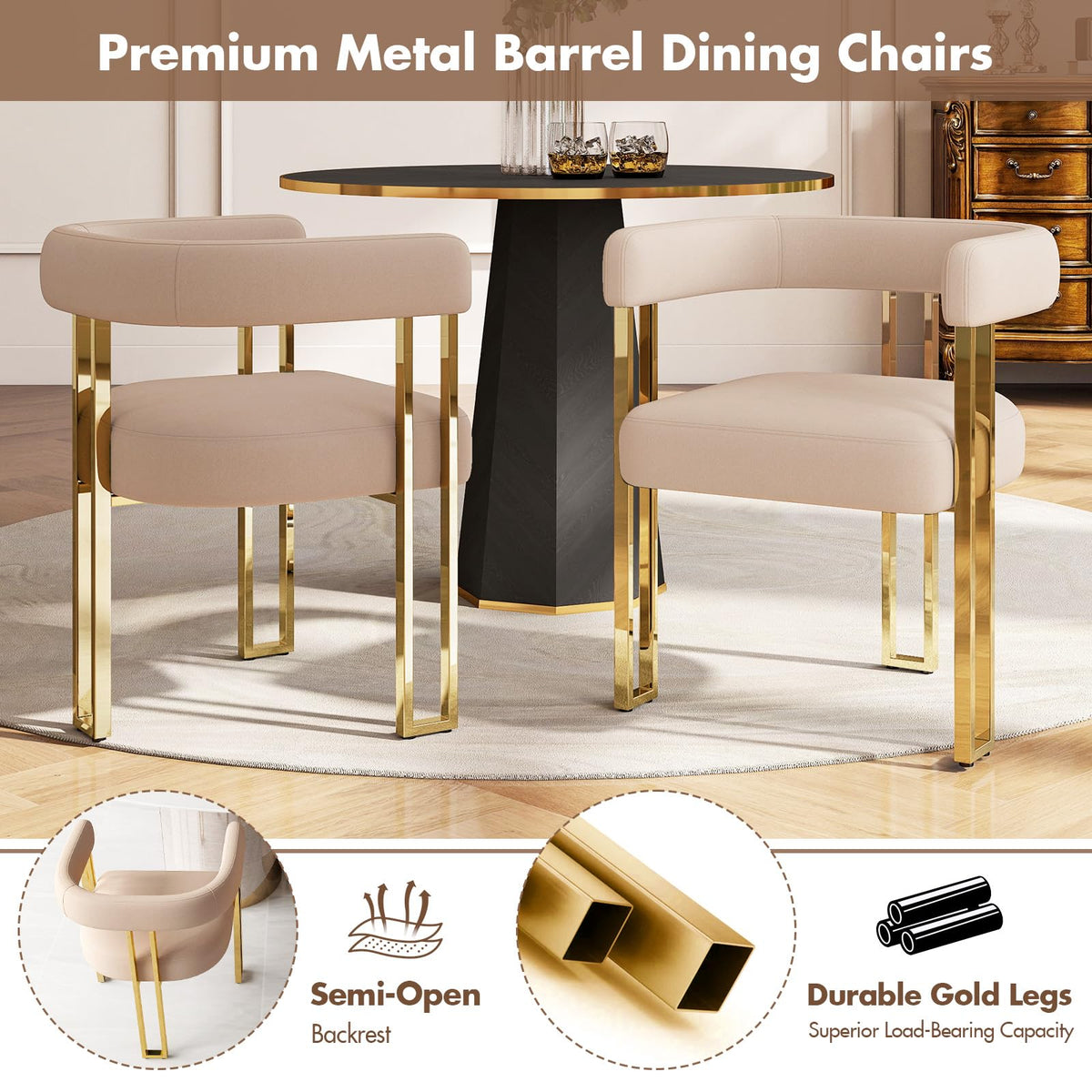 Velvet Dining Chairs Set of 6, Khaki Upholstered Barrel Armchairs with Gold Metal Legs Island, Mid Century Modern