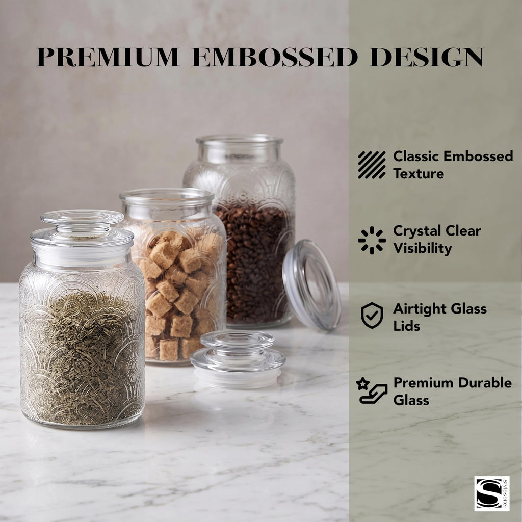 Clear Glass Kitchen Canister Set, Retro Design 3PC, 34-54oz