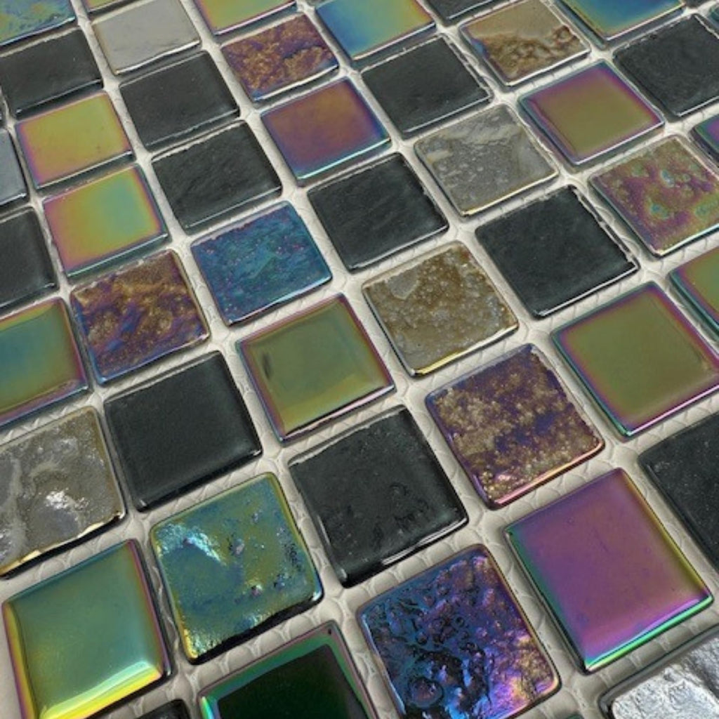HTC Black Glass Mosaic Tiles - Iridescent Glossy Finish Wall Tile Backsplash, Bathroom Shower, Pool and Spa Accent