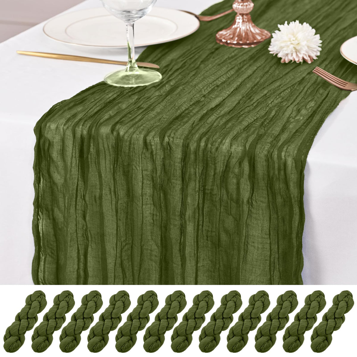 12 Pack Olive Green Table Runner 10Ft Cheesecloth Table Runner Rustic Gauze Table Runners Romantic Long Sheer Fabric