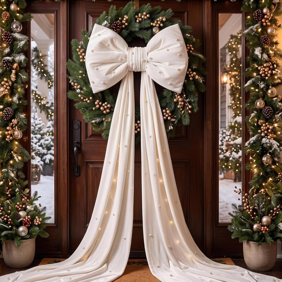 Giant Velvet Christmas Tree Topper Bow, Beige, Approx. 70 Inches with Long Tails