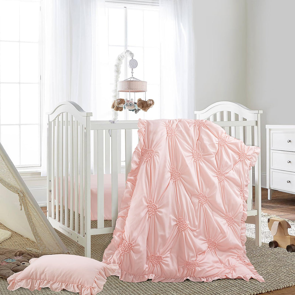 3 Pieces Princess Pink CribBedding Set for Baby Girls, Ultra Soft Blush Pinch Pleat Comforter Set with Ruffles for