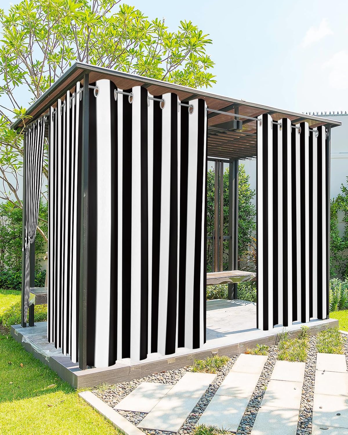 Outdoor Curtains (Set of 2 Panels) Waterproof Black and White Stripe Indoor/Outdoor Curtain Tiebacks Simple Style Privacy Curtain Sun