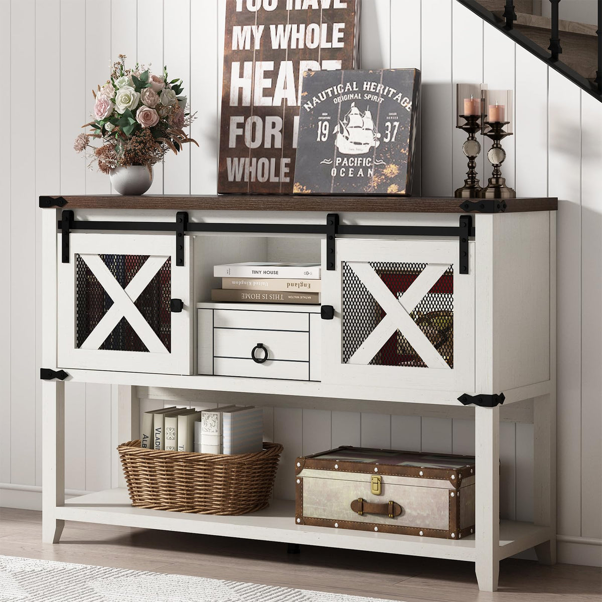 Farmhouse Entryway Table with 2 Sliding Barn Doors & Drawer, 46'' Rustic Console Table with Storage, Open Shelf